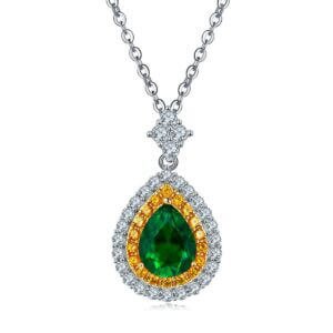 Emerald Green Necklace Pear Emerald & Diamond Halo Pendant Necklace 14K Yellow Gold with 18" Chain