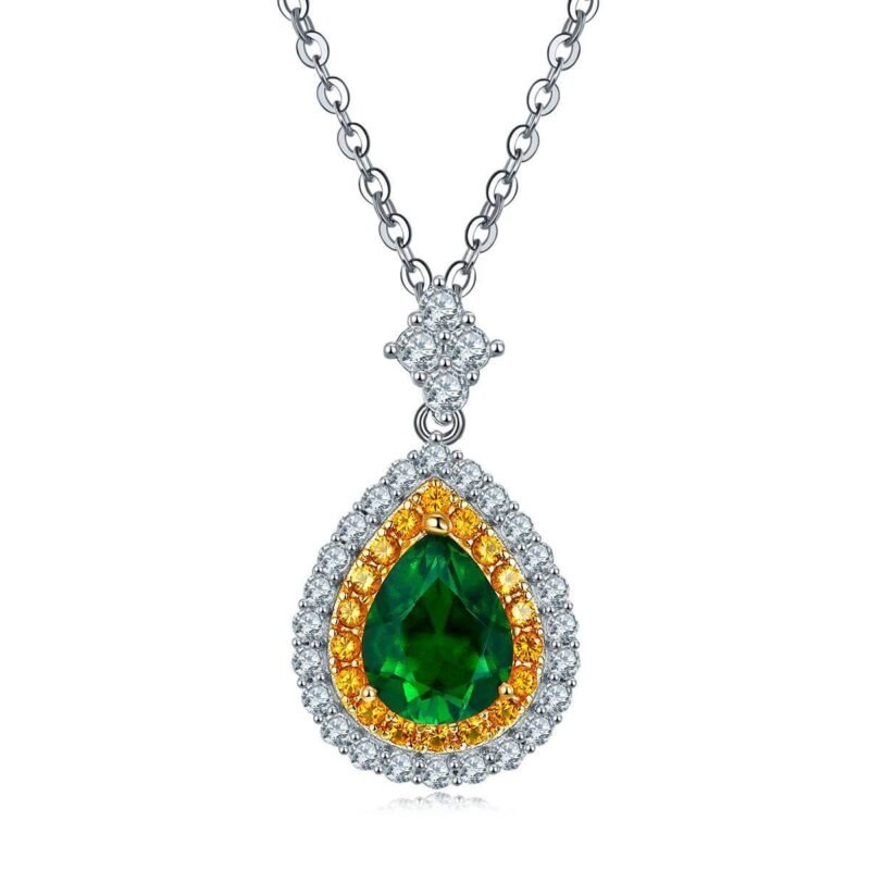 Emerald Green Necklace Pear Emerald & Diamond Halo Pendant Necklace 14K Yellow Gold with 18" Chain