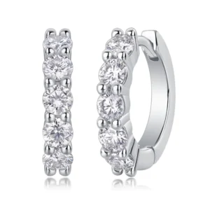S925 Sterling Silver Single Row Round Solitaire Shared Prong Rhodium Plated Hoop Huggie Earring MYZE13006