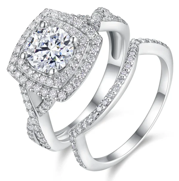 S925 Silver Rect Full Moissanite Ring Set