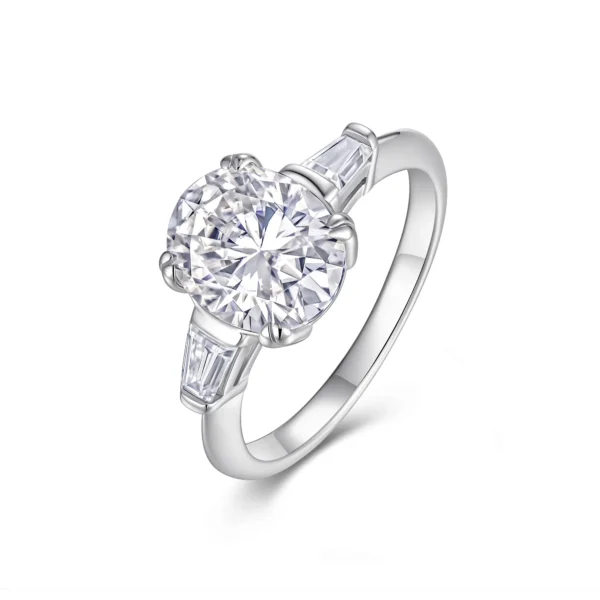 Classic Baguette Accent Round Cut Moissanite Ring