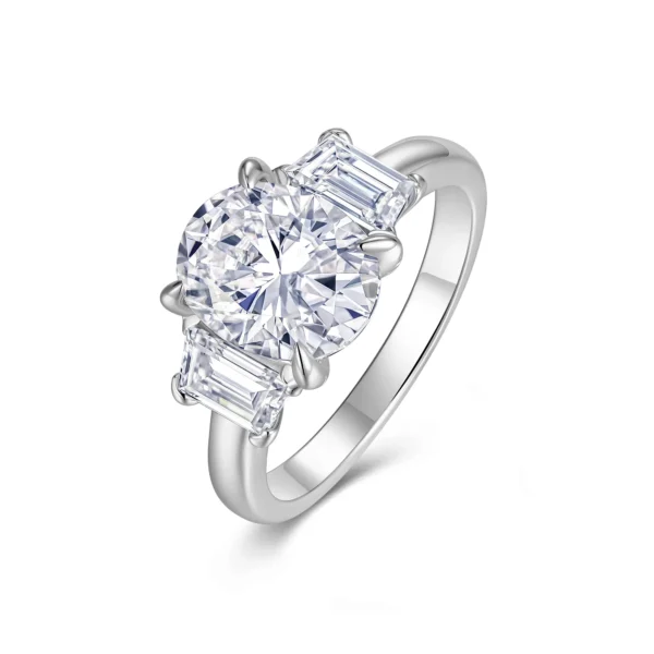 Three-Stone Emerald Accent Round Cut Silver Moissanite Ring
