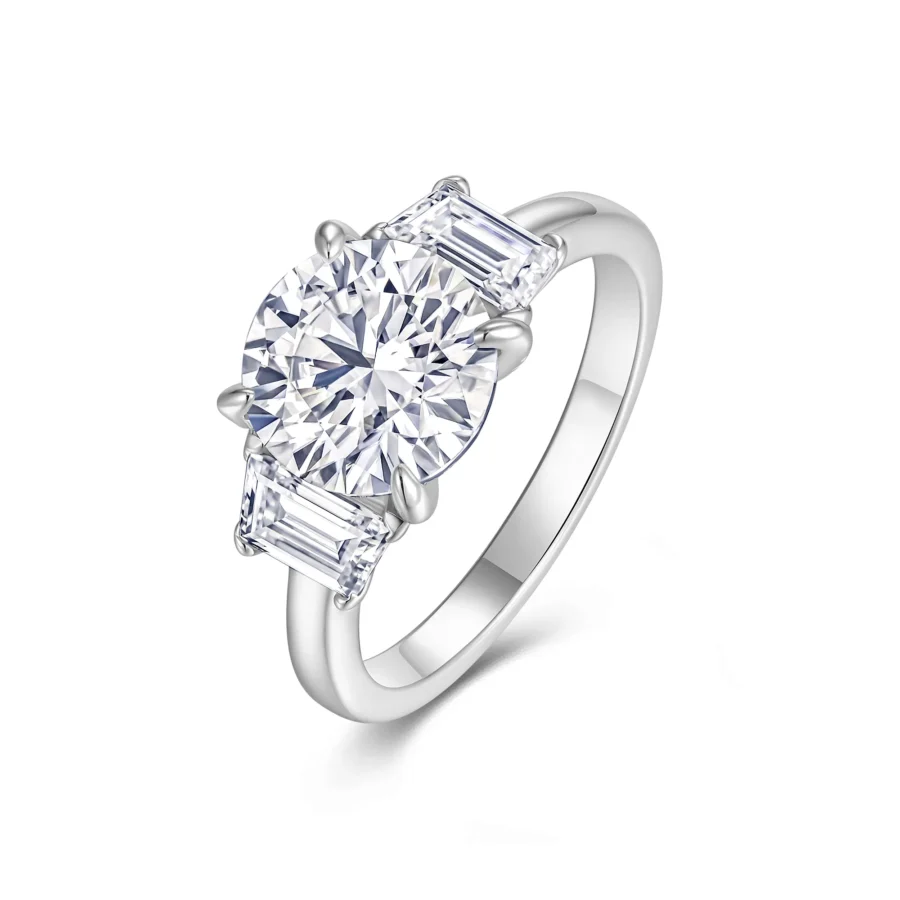 Three-Stone Emerald Accent Round Cut 3CT Moissanite Ring