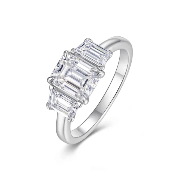 Emerald Cut Three-Stone Silver Moissanite Ring