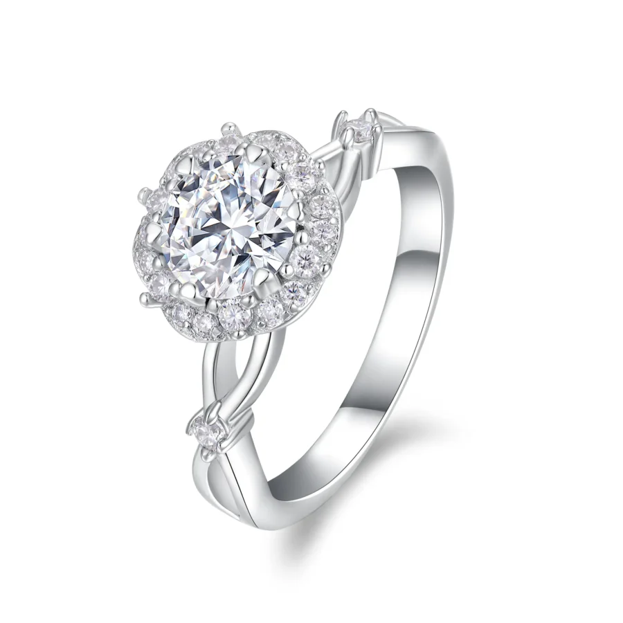 Floral Vine Round Cut 1CT Silver Moissanite Ring