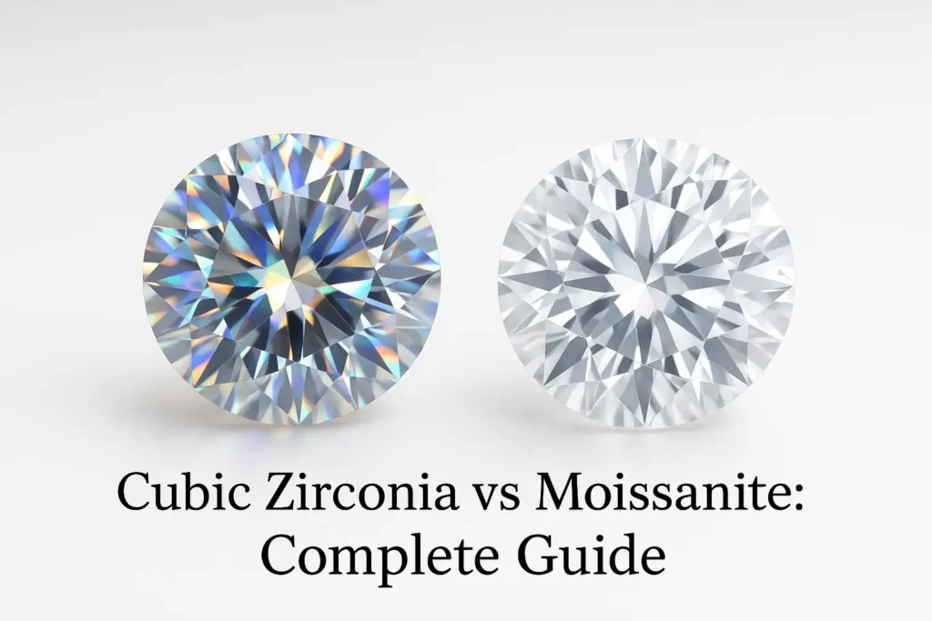 Cubic zirconia vs moissanite comparison showing brilliance and fire differences