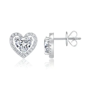 Heart Halo Moissanite Silver Stud Earrings