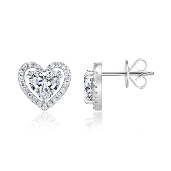 Heart Halo Moissanite Silver Stud Earrings