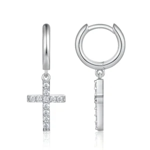 Dangling Pavé Cross Moissanite Hoop Earring