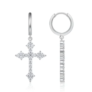 Dangling Pavé Cross Moissanite Silver Hoop Earring
