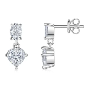 Two-Stone Oval and Heart Cut Moissanite Silver Drop Earring