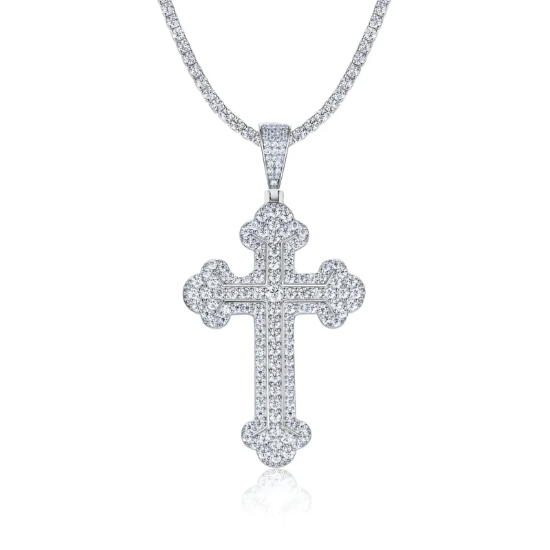 Iced Out Budded Cross Moissanite Pendant with Tennis Chain