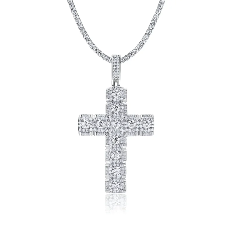 Iced Out Segmented Block Cross Moissanite Pendant with Tennis Chain