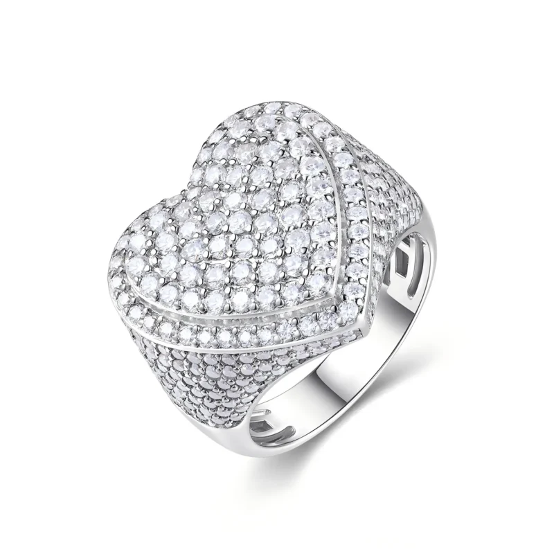 Iced Out Puffy Heart Moissanite Statement Silver Ring